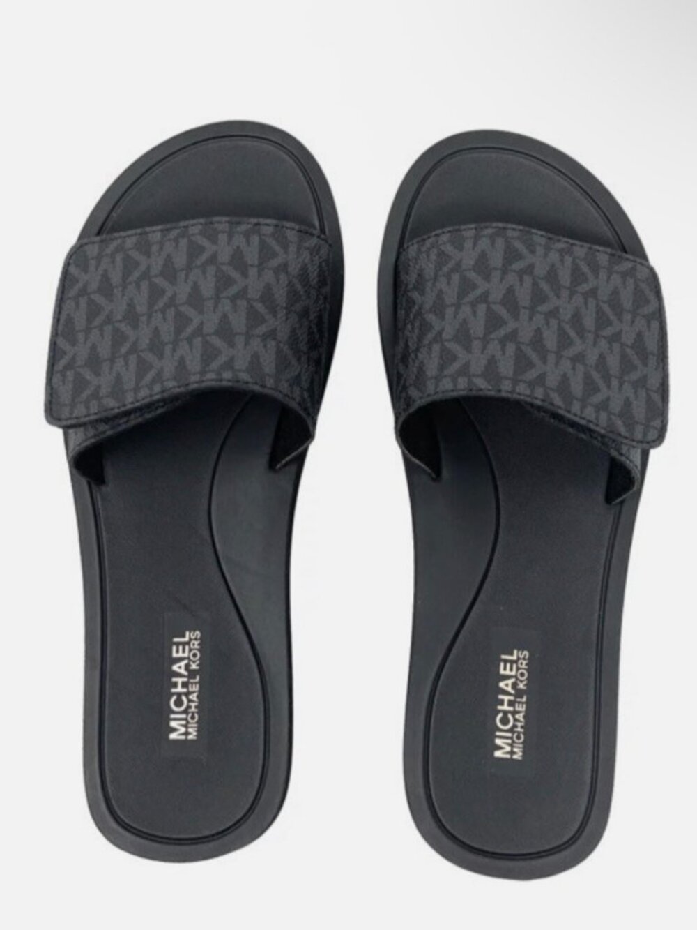 Women 11 Michael Kors Wade MK Logo Slide Sandals Black Gray Flip Flops QP25B